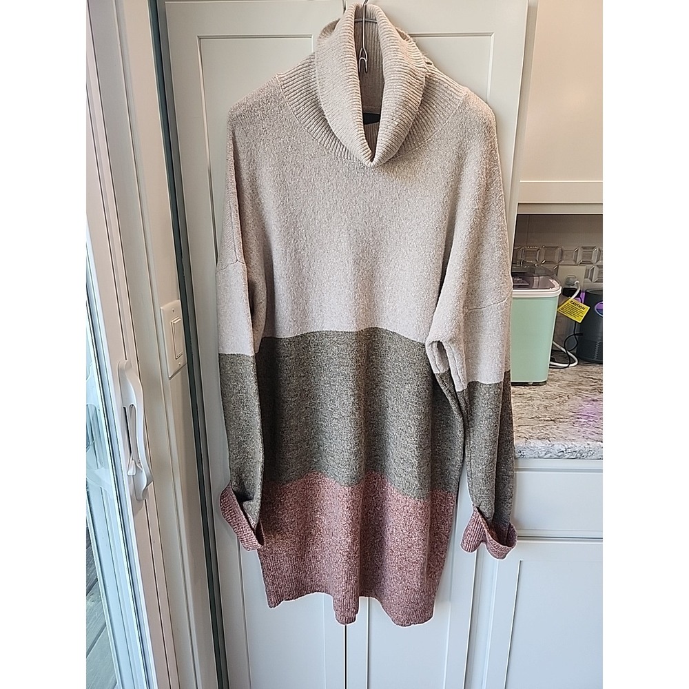 Rachel Rachel Roy Multi Color Neutral Fall Stripe‎ Cowl Neck Sweater Dress Sz XL